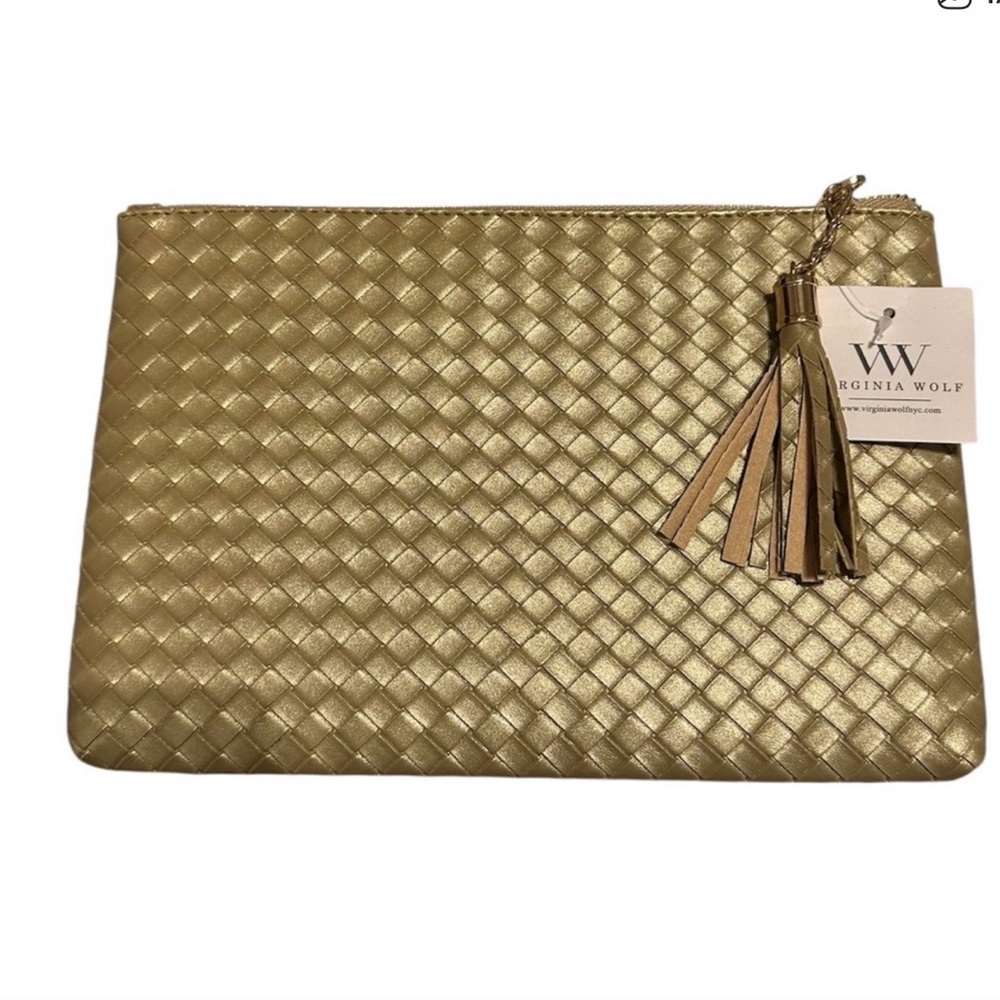 NWT Virginia Wolf Mimi Woven Gold Metallic Pouch Clutch Bag